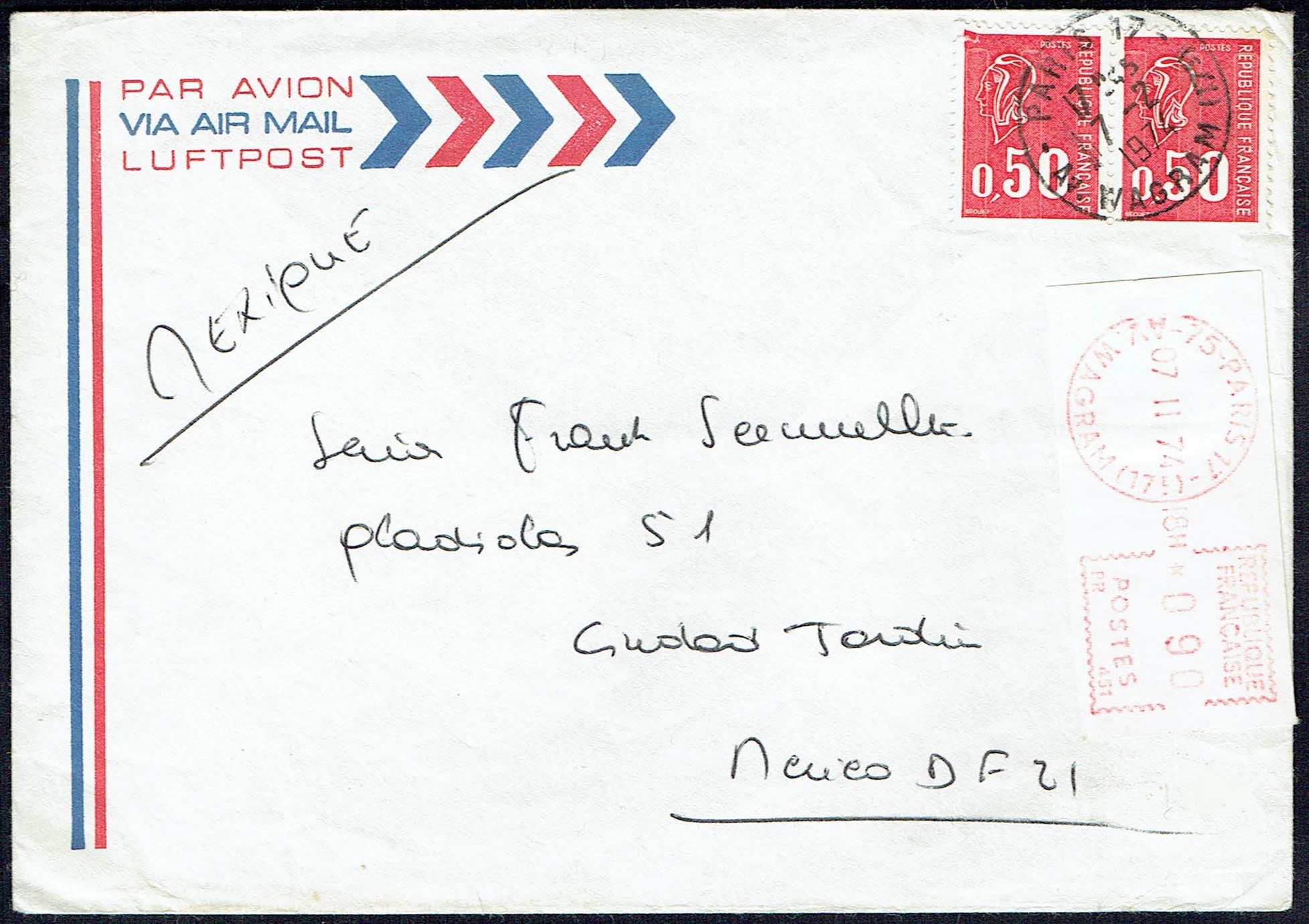 <center>Lettre à destination du Mexique affranchie à 1,90 F = 0,90 F lettre + 2 x 0,50 F de surtaxe aérienne (zone G), tarif du 1.8.71</center>