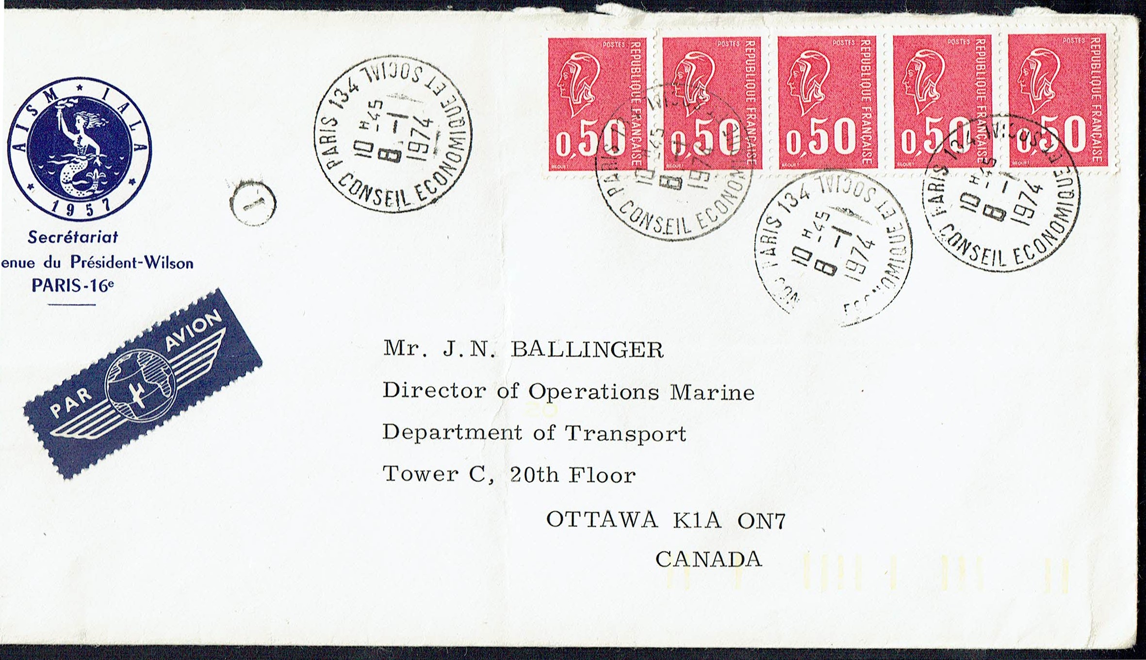 <center>Lettre à destination du Canada affranchie à 2,50 F = O,50 F tarif lettre + 4 x 0,50 F de surtaxe aérienne (zone G), tarif du 1.8.71 </center>
