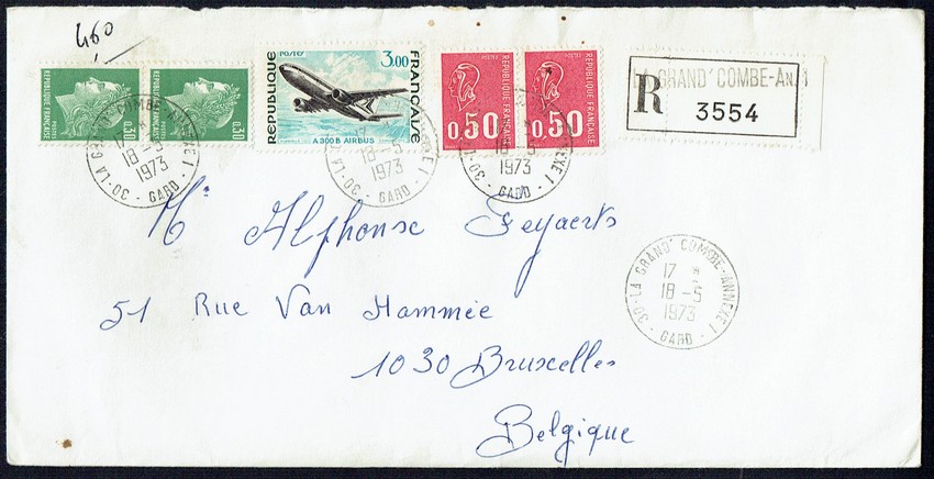 <center>lettre recommandée à destination de la Belgique affranchie à 4,60 F = 1,60 F tarif lettre de poids compris entre 20 et 50 g + 3,00F droit de recommandation, tarif du 1.8.71 </center>