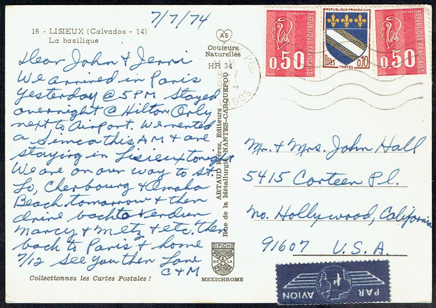 <center>carte postale à destination des U.S.A. affranchie à 1,10F = 0,60F carte postale + 0,50F de surtaxe aérienne (zone G), tarif du 1.8.71</center>