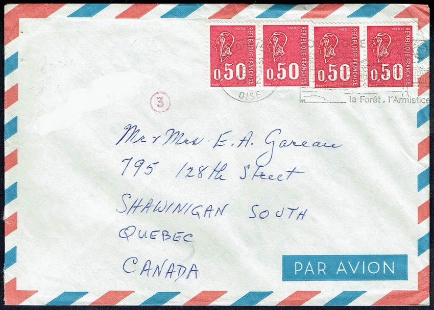 <center>Lettre à destination du Canada affranchie à 2,00 F = O,50 F tarif lettre + 3 x 0,50 F de surtaxe aérienne (zone G), tarif du 1.8.71 </center>
