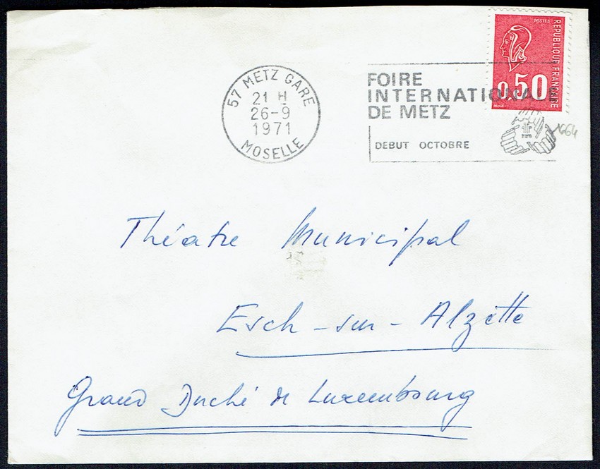 <center>lettre à destination du Luxembourg affranchie à 0,50F, tarif lettre du 1.8.71 </center>