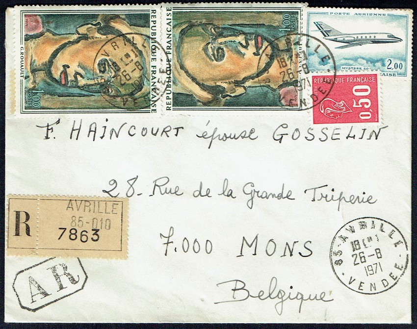 <center>lettre recommandée avec accusé de réception à destination de la Belgique affranchie à 4,50 F = 0,50 F tarif lettre de poids inférieur à 20 + 3,00 F droit de recommandation + 1,00 F avis de réception, tarif du 1.8.71 </center>