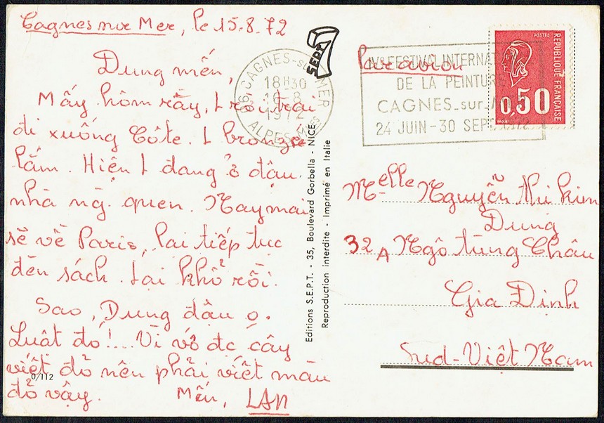 <center> lettre à destination du Vietnam du Sud affranchie à 0,50 F, tarif assimilé au régime intérieur du 1.8.71, sans surtaxe aérienne car lettre de poids de moins de 20g</center>