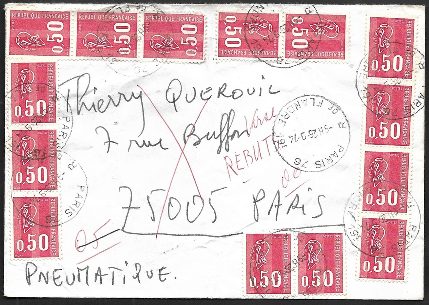 lettre par pneumatique affranchie à 7,00 F pour lettre de poids jusqu'à 30 g, tarif du 16.9.1974